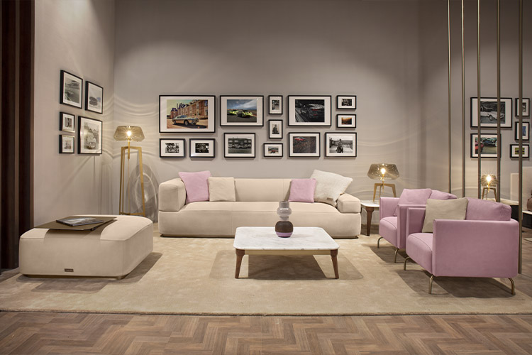 Salone del Mobile Milano 2019 Living Room ASTON MARTIN Home Collection Pink Armchair Sofa Pouf Marble Coffee Table